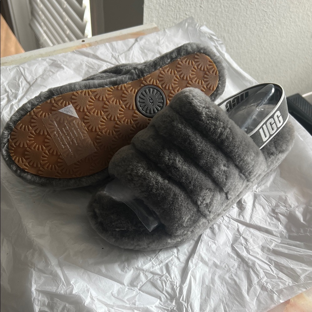 UGG Charcoal Fluffy Slide Sandals